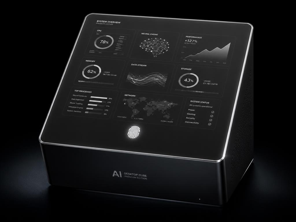 Auddi.ai Pro cube showing a full dashboard on its touchscreen with fingerprint unlock