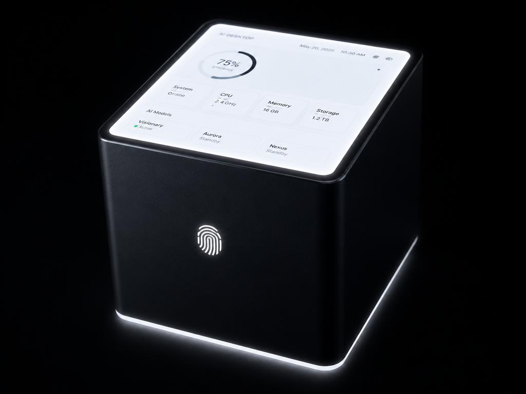 Auddi.ai Starter cube with a glowing white touchscreen and fingerprint scanner